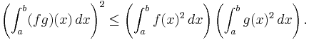 \left( \int_a^b (fg)(x) \, dx \right)^2 \leq \left( \int_a^b f(x)^2 \, dx \right) \left( \int_a^b g(x)^2 \, dx \right). 