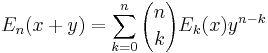 E_n(x%2By)=\sum_{k=0}^n {n \choose k} E_k(x) y^{n-k}