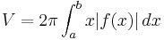 V = 2\pi \int_a^b x \vert f(x) \vert \,dx