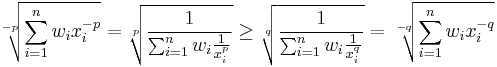 \sqrt[-p]{\sum_{i=1}^nw_ix_i^{-p}}=\sqrt[p]{\frac{1}{\sum_{i=1}^nw_i\frac{1}{x_i^p}}}\geq \sqrt[q]{\frac{1}{\sum_{i=1}^nw_i\frac{1}{x_i^q}}}=\sqrt[-q]{\sum_{i=1}^nw_ix_i^{-q}}