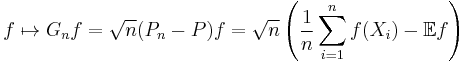 f\mapsto G_n f=\sqrt{n}(P_n-P)f=\sqrt{n}\left(\frac{1}{n}\sum_{i=1}^n f(X_i)-\mathbb{E}f\right)