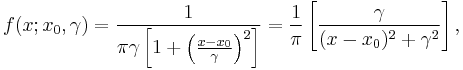 f(x; x_0,\gamma) = \frac{1}{\pi\gamma \left[1 %2B \left(\frac{x - x_0}{\gamma}\right)^2\right]}
 = { 1 \over \pi } \left[ { \gamma \over (x - x_0)^2 %2B \gamma^2  } \right], 