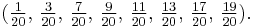  (\tfrac{ 1}{20},\,\tfrac{ 3}{20},\,\tfrac{ 7}{20},\,\tfrac{ 9}{20},\,\tfrac{ 11}{20},\,\tfrac{13}{20},\,\tfrac{17}{20},\,\tfrac{19}{20}).