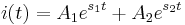  i(t) = A_1 e^{s_1 t} %2B A_2 e^{s_2 t} 