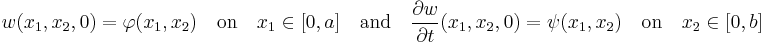 
   w(x_1,x_2,0) = \varphi(x_1,x_2) \quad \text{on} \quad x_1 \in [0,a] \quad \text{and} \quad
   \frac{\partial w}{\partial t}(x_1,x_2,0) = \psi(x_1,x_2)\quad \text{on} \quad x_2 \in [0,b]  
