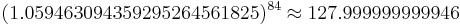 (1.059463094359295264561825)^{84} \approx   127.999999999946