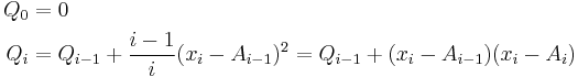 \begin{align}
Q_0 &= 0\\
Q_i &= Q_{i-1}%2B\frac{i-1}{i} (x_i-A_{i-1})^2 = Q_{i-1}%2B (x_i-A_{i-1})(x_i-A_i)
\end{align}