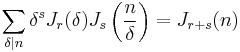 
\sum_{\delta\mid n}\delta^sJ_r(\delta)J_s\left(\frac{n}{\delta}\right) = J_{r%2Bs}(n)
