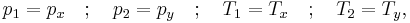 \ p_1 = p_x \quad�; \quad p_2 = p_y \quad�; \quad T_1 = T_x \quad�; \quad T_2 = T_y,