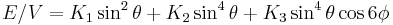 \displaystyle E/V = K_1 \sin^2\theta %2B K_2 \sin^4\theta %2B K_3\sin^4\theta\cos 6\phi 