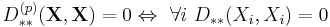 D_{**}^{(p)}(\mathbf{X}, \mathbf{X}) = 0 \Leftrightarrow \ \forall{i} \ D_{**}(X_i, X_i) = 0