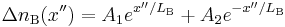 \Delta n_{\text{B}} (x'') = A_1 e^{x''/L_{\text{B}}} %2B A_2 e^{-x''/L_{\text{B}}}