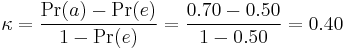 \kappa = \frac{\Pr(a) - \Pr(e)}{1 - \Pr(e)} = \frac{0.70-0.50}{1-0.50} =0.40 \!