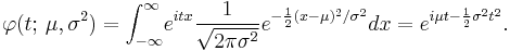 
    \varphi(t;\,\mu,\sigma^2) = \int_{-\infty}^\infty\! e^{itx}\frac{1}{\sqrt{2\pi\sigma^2}}e^{-\frac12 (x-\mu)^2/\sigma^2} dx = e^{i\mu t - \frac12 \sigma^2t^2}.
  