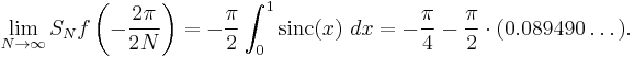 \lim_{N \to \infty} S_N f\left(-\frac{2\pi}{2N}\right) = -\frac{\pi}{2} \int_0^1 \operatorname{sinc}(x)\ dx = -\frac{\pi}{4} -
\frac{\pi}{2} \cdot (0.089490\dots).