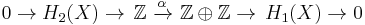  0 \rightarrow H_{2}(X) \rightarrow\, \mathbb{Z}\ \xrightarrow{\alpha} \ \mathbb{Z} \oplus \mathbb{Z} \rightarrow \, H_1(X) \rightarrow 0 \! 