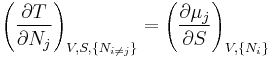 
\left(\frac{\partial T}{\partial N_j}\right)_{V,S,\{N_{i\ne j}\}} =
\left(\frac{\partial \mu_j}{\partial S}\right)_{V,\{N_i\}}
