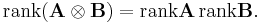  \operatorname{rank}(\mathbf{A} \otimes \mathbf{B}) = \operatorname{rank} \mathbf{A} \, \operatorname{rank} \mathbf{B}. 