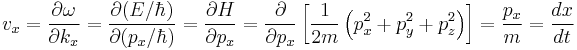  v_x = {\partial \omega \over \partial k_x } = {\partial (E/\hbar) \over \partial (p_x/\hbar)} = {\partial H \over \partial p_x} = {\partial \over \partial p_x} \left[\frac{1}{2m}\left(p_x^2 %2B p_y^2 %2B p_z^2\right) \right]= \frac{p_x}{m} = {dx \over dt}