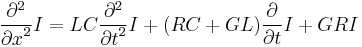 
\frac{\partial^2}{{\partial x}^2} I =
L C \frac{\partial^2}{{\partial t}^2} I %2B
(R C %2B G L) \frac{\partial}{\partial t} I %2B G R I
