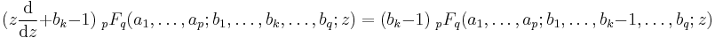 (z\frac{{\rm{d}}}{{\rm{d}}z} %2B b_k - 1) \; {}_pF_q(a_1,\dots,a_p;b_1,\dots,b_k,\dots,b_q;z) = (b_k - 1) \; {}_pF_q(a_1,\dots,a_p;b_1,\dots,b_k-1,\dots,b_q;z)