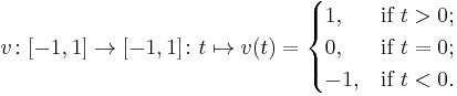 v \colon [-1,1]\to [-1,1] \colon t \mapsto v(t) = \begin{cases} 1, & \mbox{if } t > 0; \\ 0, & \mbox{if } t = 0; \\ -1, & \mbox{if } t < 0. \end{cases} 