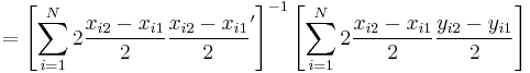 = \left[\sum_{i=1}^{N} 2  \dfrac{x_{i2}-x_{i1}}{2} \dfrac{x_{i2}-x_{i1}}{2} ' \right]^{-1} \left[\sum_{i=1}^{N}   2 \dfrac{x_{i2}-x_{i1}}{2} \dfrac{y_{i2}-y_{i1}}{2} \right]