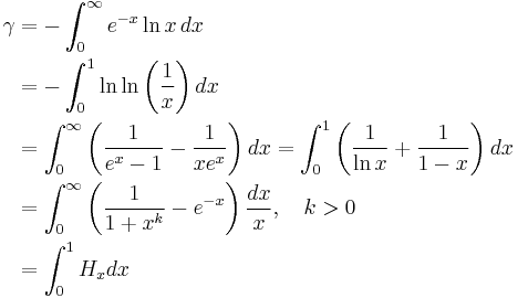 \begin{align}\gamma &= - \int_0^\infty { e^{-x} \ln x }\,dx \\
 &= -\int_0^1 \ln\ln\left (\frac{1}{x}\right) dx \\
 &= \int_0^\infty \left (\frac1{e^x-1}-\frac1{xe^x} \right)dx = \int_0^1\left(\frac 1{\ln x} %2B \frac 1{1-x}\right)dx\\
 &= \int_0^\infty \left (\frac1{1%2Bx^k}-e^{-x} \right)\frac{dx}{x},\quad k>0\\
 &= \int_0^1 H_{x} dx \end{align} 