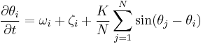 
\frac{\partial \theta_i}{\partial t} = \omega_{i}%2B\zeta_{i}%2B\dfrac{K}{N}\sum_{j=1}^N\sin(\theta_{j}-\theta_{i})
