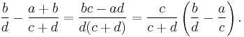 \frac b d-\frac{a%2Bb}{c%2Bd}={{bc-ad}\over{d(c%2Bd)}} ={c\over{c%2Bd}}\left( \frac{b}{d}-\frac a c \right). 