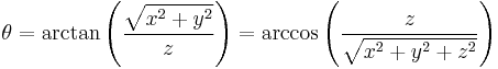 {\theta}=\arctan \left( \frac{\sqrt{x^2 %2B y^2}}{z} \right)=\arccos \left( {\frac{z}{\sqrt{x^2 %2B y^2 %2B z^2}}} \right)