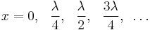 x=0,~~ \frac{\lambda}{4},~~\frac{\lambda}{2},~~ \frac{3\lambda}{4},~ \dots