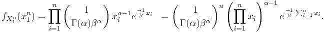 \begin{align}
f_{X_1^n}(x_1^n)
  &= \prod_{i=1}^n \left({1 \over \Gamma(\alpha) \beta^{\alpha}}\right) x_i^{\alpha -1} e^{{-1 \over \beta}x_i}
  &= \left({1 \over \Gamma(\alpha) \beta^{\alpha}}\right)^n \left(\prod_{i=1}^n x_i\right)^{\alpha-1} e^{{-1 \over \beta} \sum_{i=1}^n{x_i}}.
\end{align}