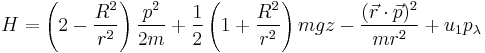 H=\left(2-\frac{R^2}{r^2}\right)\frac{p^2}{2m} %2B \frac{1}{2}\left(1%2B\frac{R^2}{r^2}\right)mgz - \frac{(\vec{r}\cdot\vec{p})^2}{mr^2} %2B u_1 p_\lambda