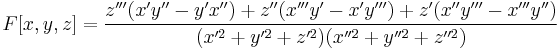 F[x,y,z]=\frac{z'''(x'y''-y'x'')%2Bz''(x'''y'-x'y''')%2Bz'(x''y'''-x'''y'')}{(x'^2%2By'^2%2Bz'^2)(x''^2%2By''^2%2Bz''^2)}