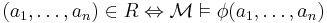 (a_1,\ldots,a_n ) \in R \Leftrightarrow  \mathcal{M} \vDash \phi(a_1,\ldots,a_n)