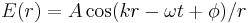 \ E(r) = A \cos (k r - \omega t %2B \phi)/r