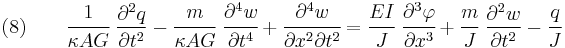 
    (8) \qquad 
    \cfrac{1}{\kappa AG}~\frac{\partial^2 q}{\partial t^2} -\cfrac{m}{\kappa AG}~\cfrac{\partial^4 w}{\partial t^4} %2B \cfrac{\partial^4 w}{\partial x^2\partial t^2} 
= \cfrac{EI}{J}~\cfrac{\partial^3 \varphi}{\partial x^3} %2B \cfrac{m}{J}~\frac{\partial^2 w}{\partial t^2} - \cfrac{q}{J}
