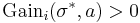 \text{Gain}_i(\sigma^*, a) > 0