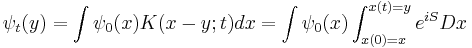 
\psi_t(y) = \int \psi_0(x) K(x-y;t) dx = \int \psi_0(x) \int_{x(0)=x}^{x(t)=y} e^{iS} Dx
\,