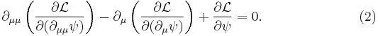 \partial_{\mu\mu} \left( \frac{\partial \mathcal{L}}{\partial ( \partial_{\mu\mu} \psi )} \right) - \partial_\mu \left( \frac{\partial \mathcal{L}}{\partial ( \partial_\mu \psi )} \right) %2B \frac{\partial \mathcal{L}}{\partial \psi} = 0 .  \quad \quad \quad \quad \quad \quad \quad (2) \,