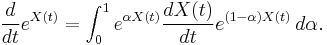 \frac{d}{dt}e^{X(t)} = \int_0^1 e^{\alpha X(t)} \frac{dX(t)}{dt} e^{(1-\alpha) X(t)}\,d\alpha. 