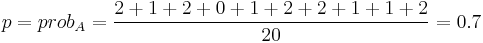 p=prob_A=\frac{2%2B1%2B2%2B0%2B1%2B2%2B2%2B1%2B1%2B2}{20}=0.7