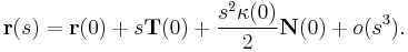 \mathbf r(s) = \mathbf r(0) %2B s\mathbf T(0) %2B \frac{s^2\kappa(0)}{2}\mathbf N(0)%2B o(s^3).