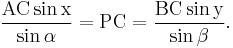 \frac{\rm{AC} \sin x }{\sin \alpha} = \rm{PC} = \frac{\rm{BC} \sin y}{\sin \beta}.