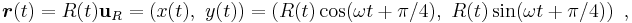 \boldsymbol{r}(t) =R(t)\mathbf{u}_R = \left( x(t),\ y(t) \right) = \left( R(t)\cos (\omega t %2B \pi/4),\ R(t)\sin (\omega t %2B \pi/4) \right) \ , 