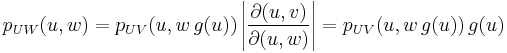 p_{UW}(u,w) = p_{UV} \big(u,w\, g(u)\big) \left|\frac{\partial (u,v)}{\partial (u,w)}\right| = p_{UV} \big(u,w\, g(u)\big) \,g(u)