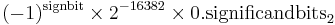 (-1)^{\text{signbit}} \times 2^{-16382} \times 0.\text{significandbits}_2