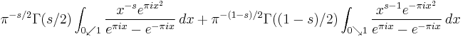  \pi^{-s/2}\Gamma(s/2)\int_{0\swarrow 1}\frac{x^{-s}e^{\pi i x^2}}{e^{\pi i x}-e^{-\pi i x}}\,dx
%2B\pi^{-(1-s)/2}\Gamma((1-s)/2)\int_{0\searrow 1}\frac{x^{s-1}e^{-\pi i x^2}}{e^{\pi i x}-e^{-\pi i x}}\,dx
