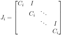 J_i = 
\begin{bmatrix}
C_i    & I       & \;     & \;    \\
\;     & C_i     & \ddots & \;    \\     
\;     & \;      & \ddots & I     \\
\;     & \;      & \;     & C_i   \\
\end{bmatrix}